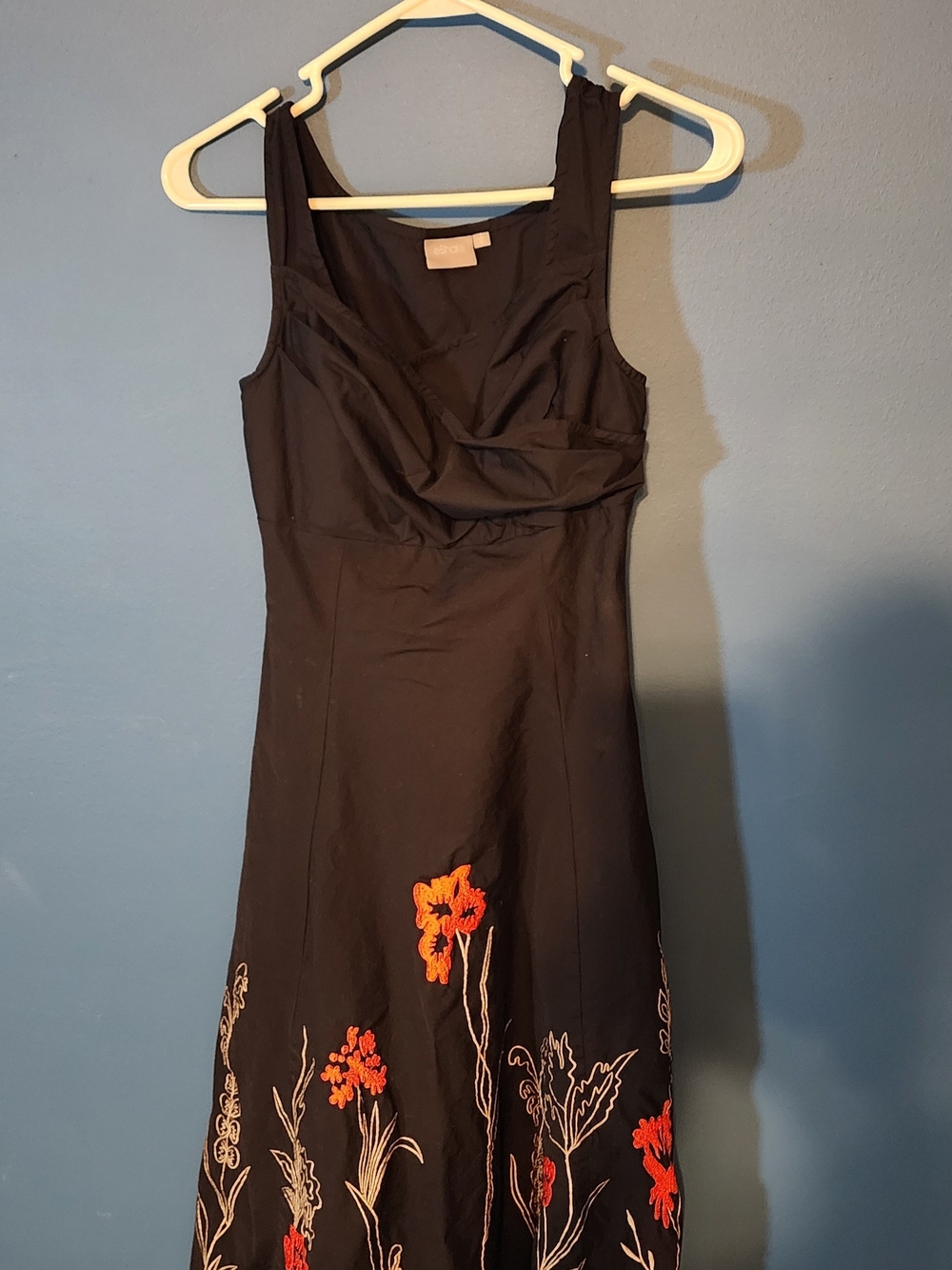 Eshakti Black Sleeveless Midi Dress with Orange Floral Embroidery